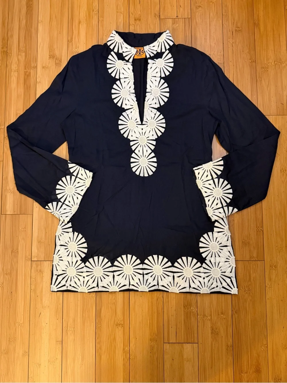Tory Burch Navy Tunic Top Embroidered Trim Size 12